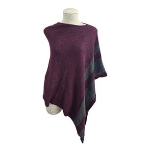 Celeste Burgundy Grey Striped Wool Cashmere Asymmetrical Poncho Wrap One Size
